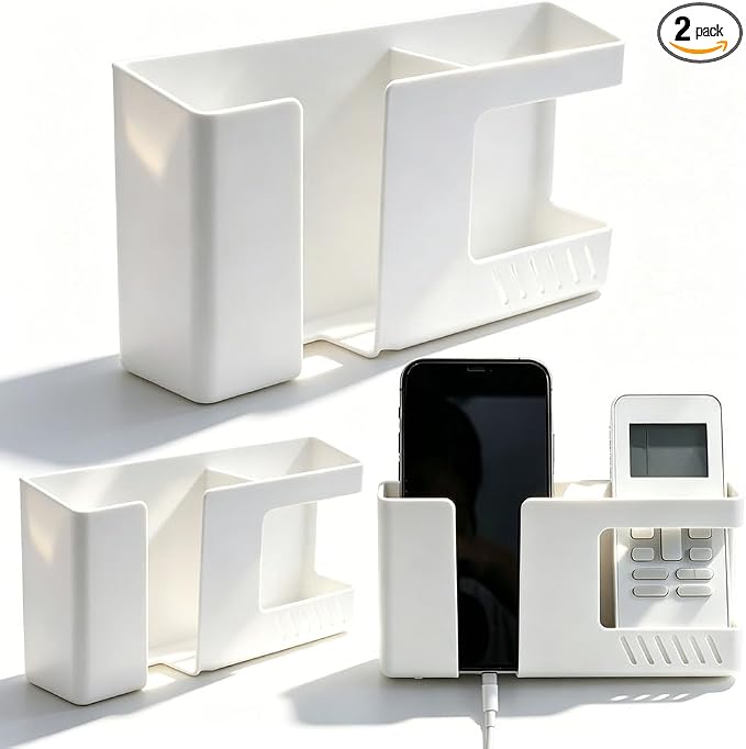 White Remote Control Holder - Adhesive Wall Mount Storage Box for Home Office Bedroom Living Room Remote Control Organizers Glasses Cell Phone Cosmetic Small Items Storage Supplies （2 Pack）