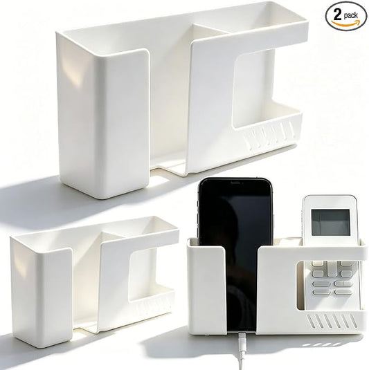 White Remote Control Holder - Adhesive Wall Mount Storage Box for Home Office Bedroom Living Room Remote Control Organizers Glasses Cell Phone Cosmetic Small Items Storage Supplies （2 Pack）