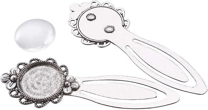 FASHEWELRY 20Pcs Antique Silver Bookmark Pendant Tray Kit Include 10Pcs 3/4 Inch Flower Round Blank Bezel Base Setting Charms with 10Pcs Clear Glass Dome Tiles Cabochons
