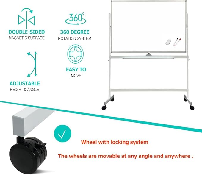 BIBOC Large White Board 32x48 Inches - Mobile Rolling Whiteboard on Wheels, Double-Sided Height Adjustable Dry Erase Board with Stand for Office, School, Home