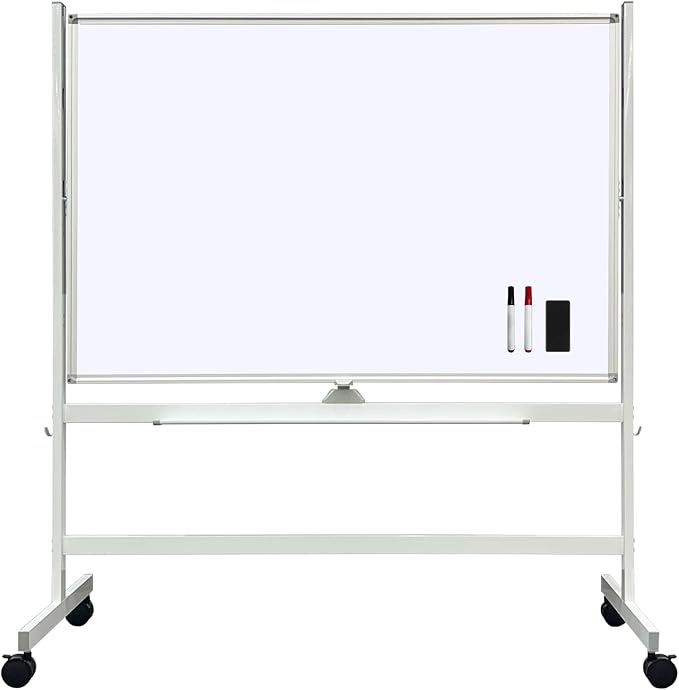48" x 32" Double Sided Mobile Whiteboard on Wheels with Rolling Stand, Dry Erase Board, 360 Rotating & Height Adjustable, 3-Level Adjustment, White Frame, for Office Classroom Home