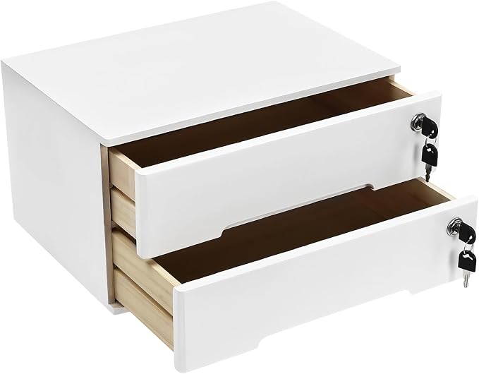 2-Tier Desk Organizer with Lockable Drawers, 2 Pairs of Keys, Wooden Desktop Storage Box, Categorized Storage Desktop File Cabinet(White)…