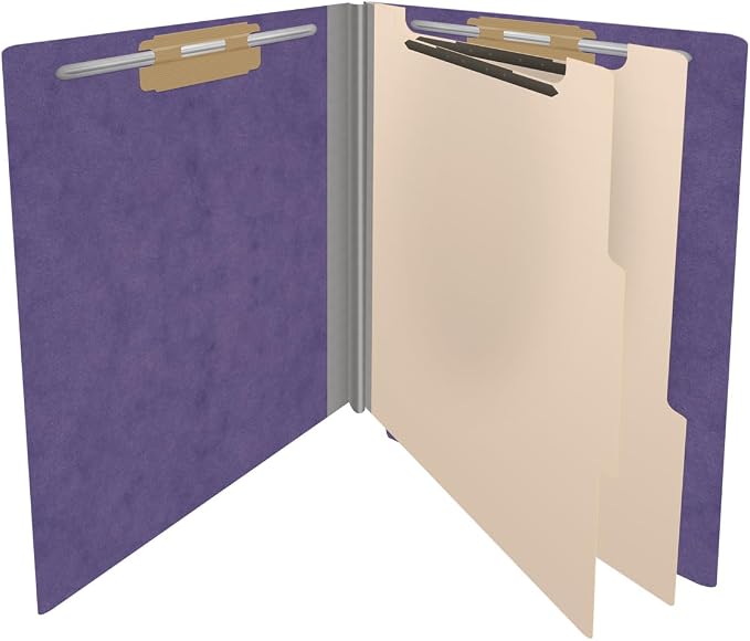 25 Pt. Pressboard Classification Folders, Full Cut End Tab, Letter Size, 2 Dividers, Purple (Box of 10)
