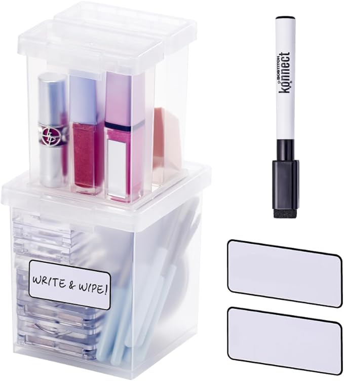 Bostitch Konnect Storage Containers with Lids, Clear Plastic Box, Stackable for Crafts, Home and Office Orginzation, Labels. Small Storage Set (3 Piece: 1 × 1.5Qt, 2 × 0.5Qt)
