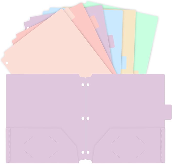 Binditek 6 Pack Pastel Pocket Folders for 3 Ring Binder, Plastic Folders with 2 Pockets, Unique 1/6 Cut Tabs with Colorful Labels, for Office Classroom, Letter Size