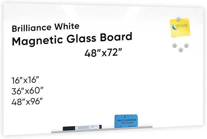 Eased Corners - Glass Dry Erase Board - Frameless Glass Board for Wall - Surface White 48"x72" - Include Markers, Magnets, Eraser for Office & Home by Fab Glass and Mirror