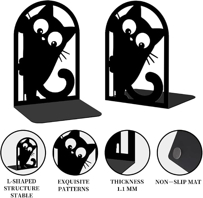 2Pcs Metal Bookends for Shelves, Unique Peeping Cat Book Ends Decorative for Heavy Books, Decorative Books Used on Desk, Shelf, Farmhouse for Small, Bookshelf Decor for Shelves Home