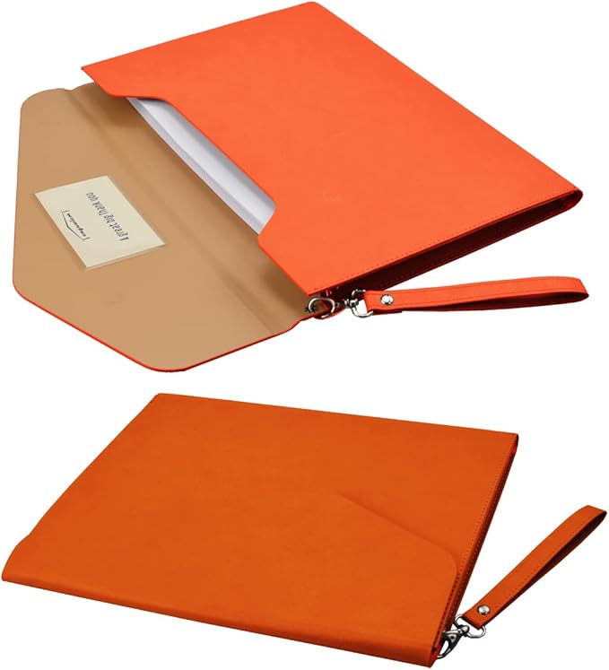 PU A4 Leather File Folder Document Holder Folder Stylish Portfolio Envelope Case with Strap and Invisible Magnetic Closure (Orange)