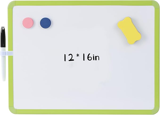 MXG Double Sided White Board Dry Erase, 12x16 Inch Green Frame Small Whiteboard with Markers & Eraser, for Desk, Wall, Fridge, Portable Mini White Board for Coaches, Students, Kitchen