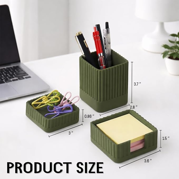 Desk Organizer Set of 3 for Office Accessories - Includes Pen Holder, Paperclip Storage, and Sticky Note Holder - Aesthetic Concrete Desktop Accessories for Women or Men, Office Decor (Green)