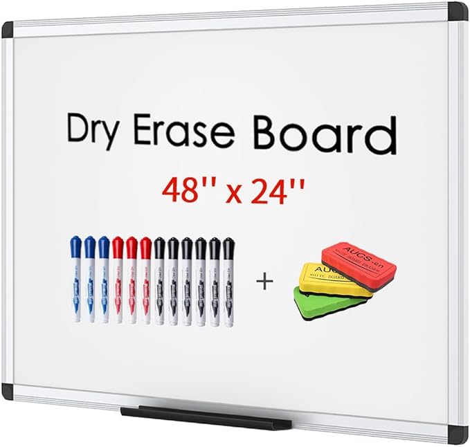 VIZ-PRO Magnetic Dry Erase Board 48 X 24 Inches, Silver Aluminium Frame, with 3 Colored Erasers and 12-Count Markers