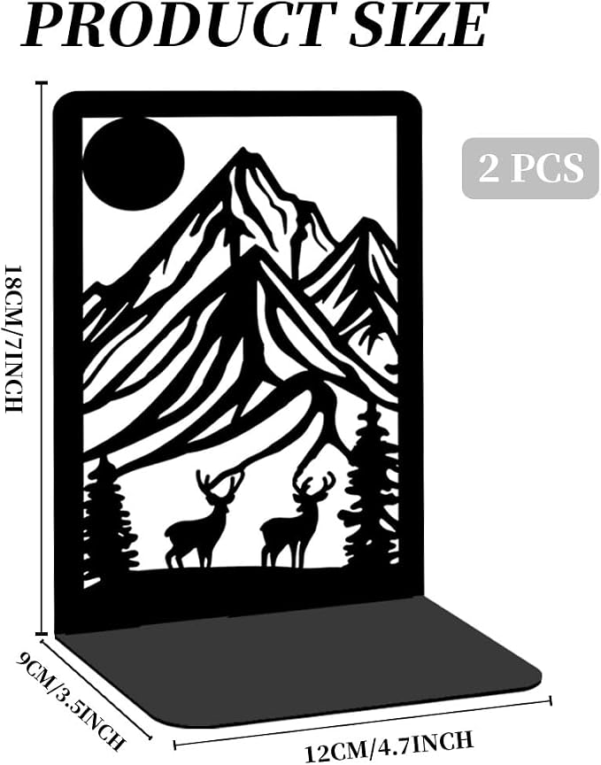 Metal Bookends for Shelves, Mountain and Deer Decorative Book Ends for Heavy Books, Book Stopper Decorative Books, Bookends to Hold Literature for Home Office School Bookshelf Decor