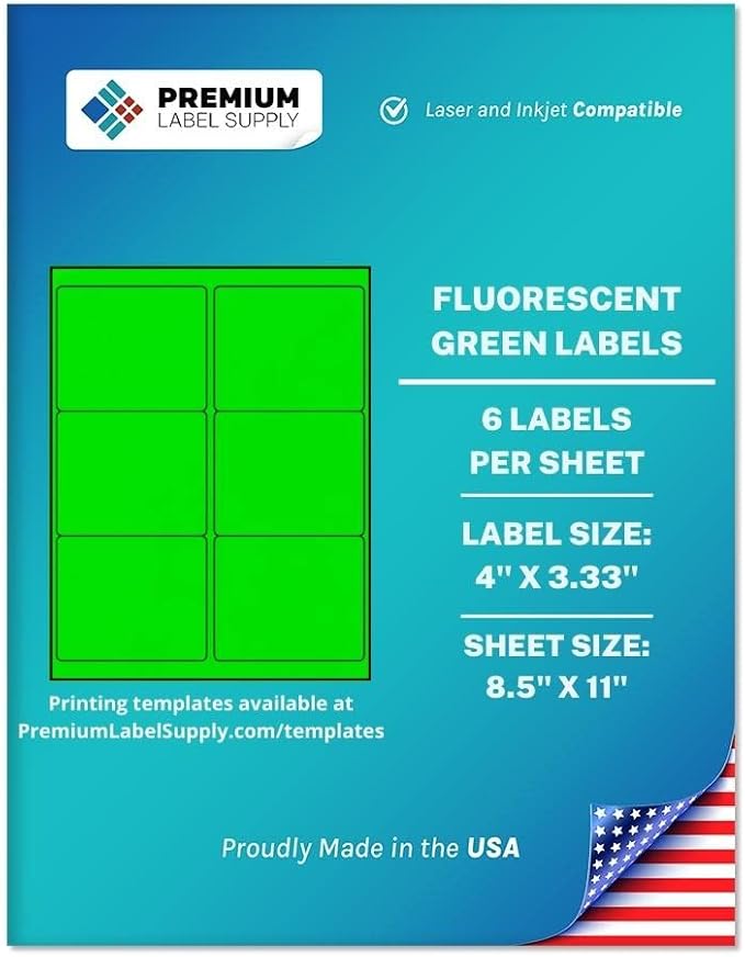 Premium Label Supply Bright Neon Color Fluorescent Stickers - 4" x 3.33" Labels - (Fluorescent Green, 600 Labels)