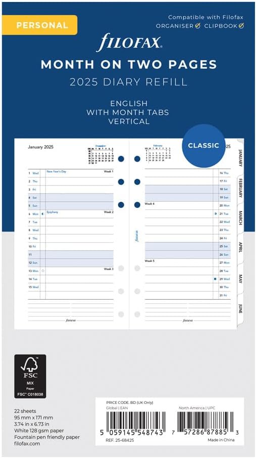 Filofax Calendar Diary Refill, Personal/Compact Size, Month-to-View, with Tabs, White Paper, Ruled, English, 2025 (C68425-25)
