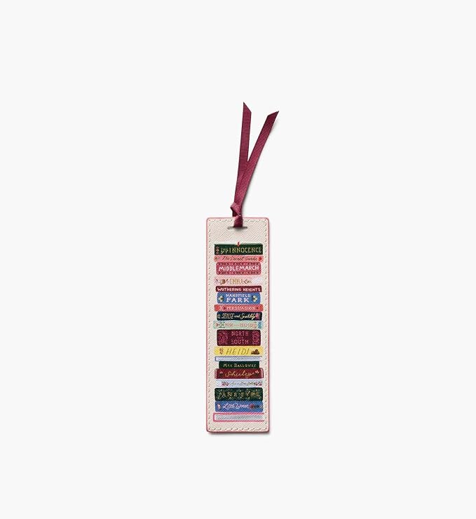 RIFLE PAPER CO. Ladies Night Book Club Bookmark, 1.75" W x 6" L, Illustrated Stack of Classic Titles, Saffiano Polyurethane, Grosgrain Ribbon, Wipe-Clean