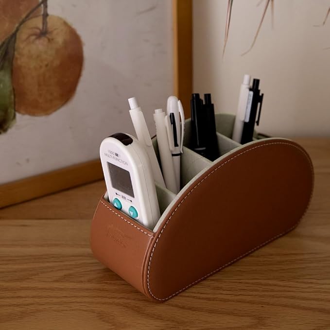 Remote Control Holder Organizer - Table Desk Leather Storage with 5 Spacious Compartments (Brown)