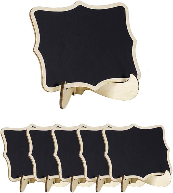 uxcell 6pcs Mini Chalkboards Signs with Base Stand Wood Wavy Design Chalkboard Tag for Message Board Signs Table Number Reminder