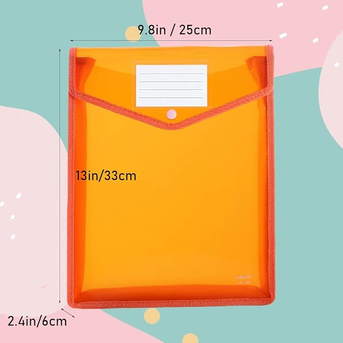 Plastic Document File Folder A4 Size Expandable Poly Envelopes Waterproof Transparent File Pouch with Snap Closure & Label Pocket Assorted Colors for School Office Organization (Vertical,10 Pack)