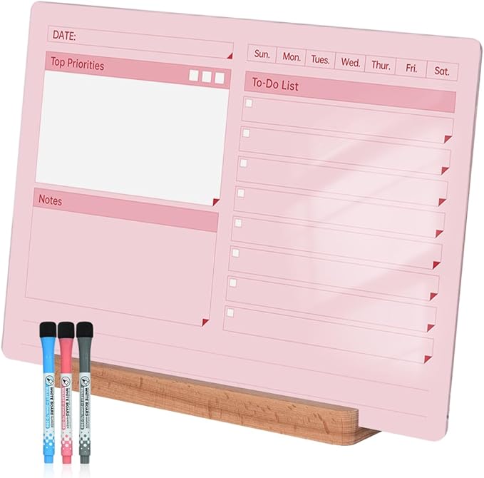 Acrylic Dry Erase to-Do List Board with Solid Wood Base, 9x13 Desktop Whiteboard Planner, Task Organizer for Office/Home/School, Includes 3 Dry Erase Markers (Pink)