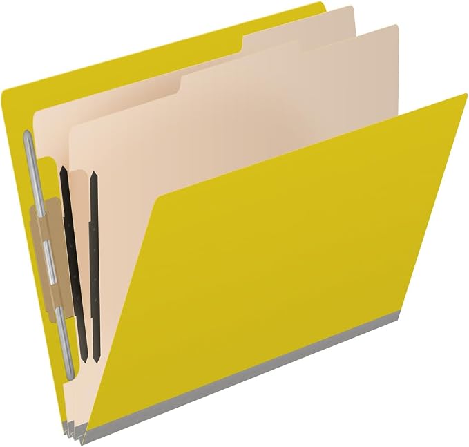 25 Pt. Pressboard Classification Folders, Full Cut End Tab, Letter Size, 2 Dividers, Yellow (Box of 10)