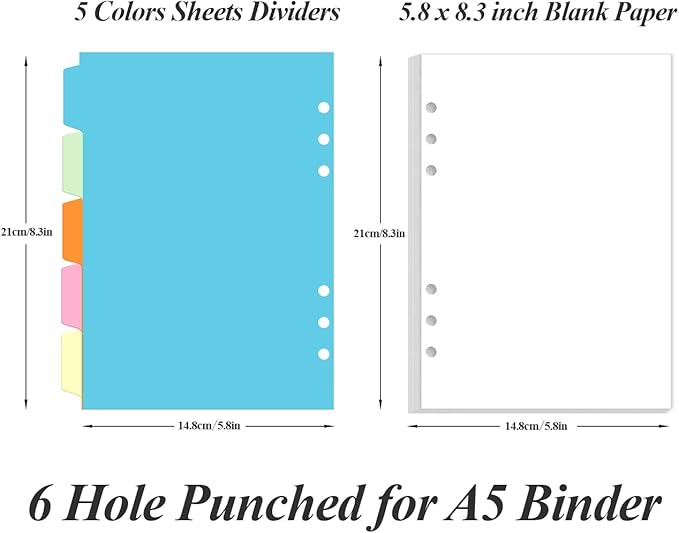 A5 Blank Paper Refill - 6 Hole Planner Inserts for A5 Binder, 200 Pages 6 Ring Loose Leaf Blank Paper with 5 Colorful Binder Dividers, 5.8" x 8.5"