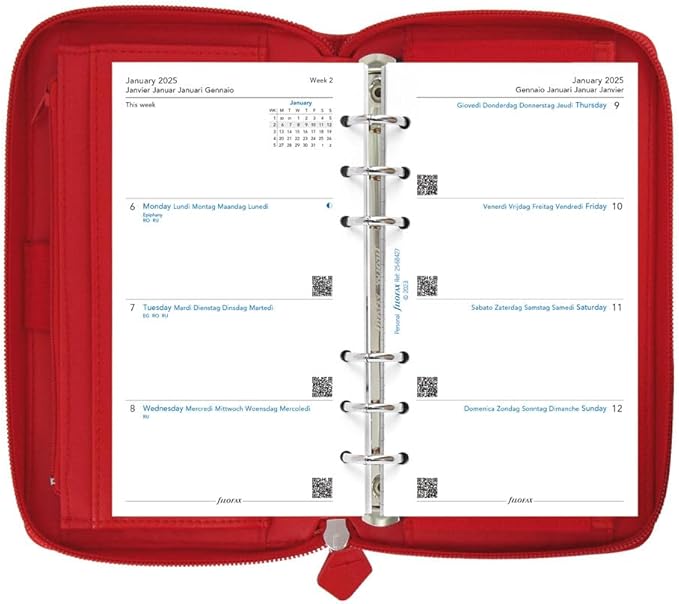 Filofax Saffiano Zip Organizer, Personal Compact Size, Poppy - Cross-Grain, Leather-Look, Six Rings, Week-to-View Calendar Diary, Multilingual, 2025 (C022534-25)