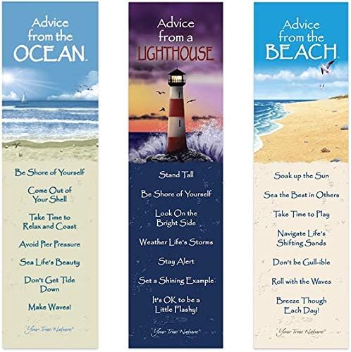 Advice 3 Bookmark Coast Set, Laminated with Glossy Finish, Printed on Recycled Paper, Ocean, Lighthouse, Beach (AMBM-Coastal)