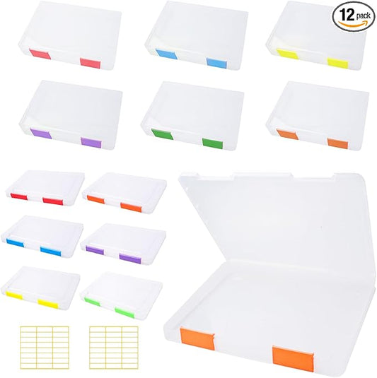 12 Pcs Clear A4 A5 File Box Document Plastic Storage Box with 48 Labels File Holder Organizer Paper Plastic Case Magazine Protector with Buckle Office School Supplies