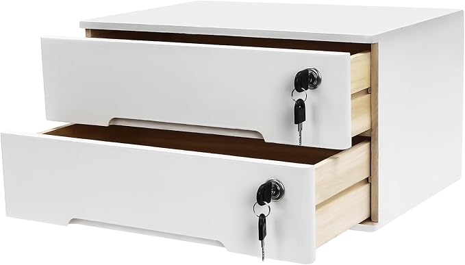 Wooden Desktop Storage Box with Lockable Drawers, Flat File Cabinet Drawer Desktop Storage Box, Countertop Storage Cabinet for Office Home Toiletries Supplies Vanity (White, 2 Drawer)