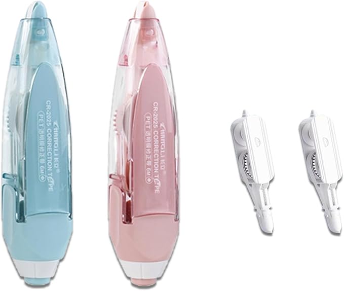 Retractable White out Pens 2 Pack with 2 Extra Refills, Cute Correction Tape Pen 1/5" x 944", Refillable Whiteout Pen for Instant Correction Office Supplies, Blue & Pink