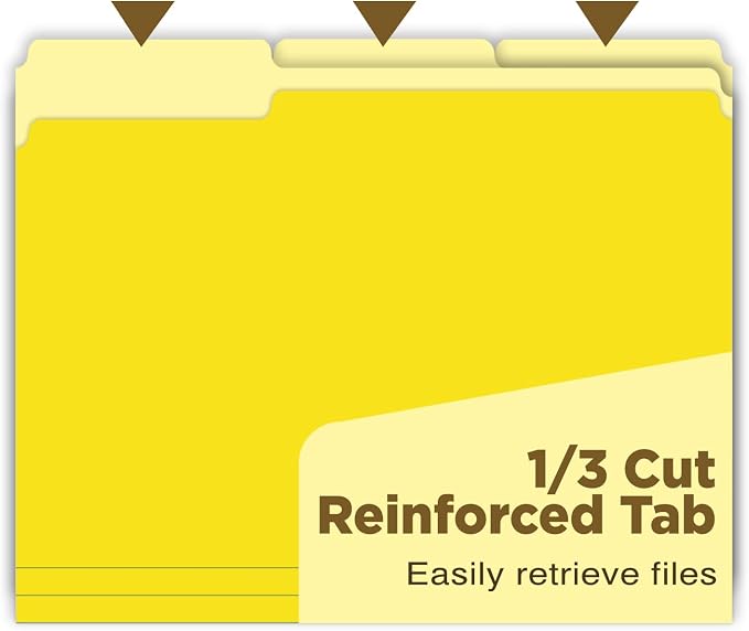 Yellow Manilla Folders File Folders 100-Pack Letter Size 8.5" x 11" Yellow Colored Folder with 1/3-Cut Tabs Durable Pressboard Folders for Office, School, Home, Business Filing Supplies, Made in USA