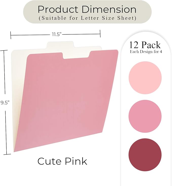 Y YOMA 12 Pack Colored File Folders Letter Size Gradient File Folder with 1/3-Cut Tab Cute Pretty Decorative Heavyweight Filing Folder File Organizers for Office School Home Desktop, Cute Pink