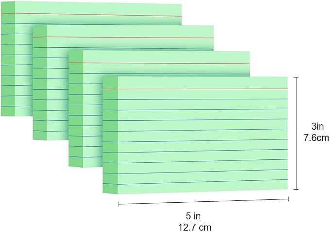 Green Index Cards 3x5, 200 Pack, Ruled Index Cards, Flash Cards for Studying, Heavy Note Cards for Office, Home and School, 4 Packs of 50