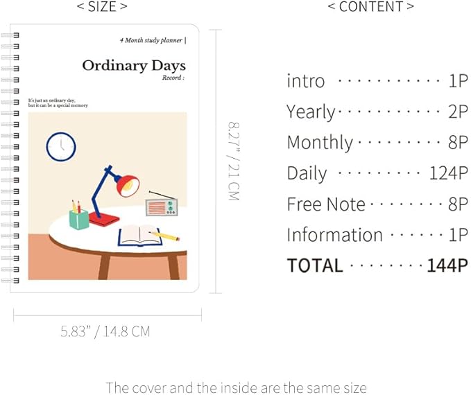 Monolike Ordinary days 4 Month Study Planner, Lamp - Academic Planner, Weekly & Monthly Planner, Study plan