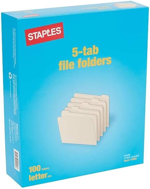 Staples File Folders, Letter Size, 1/5‑Cut Tabs, Assorted Positions, Manila, Durable Paper Stock, 100/Box