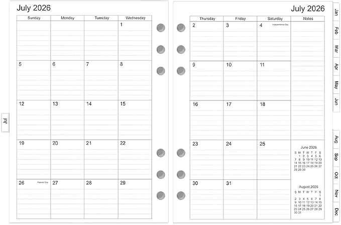 2026-2027 Monthly Planner Refills, Two Pages Per Month,Jul 2026 to Jun 2027, A5 Size,5.8" x 8.25",6-Hole Punched,2026-2027 planner inserts