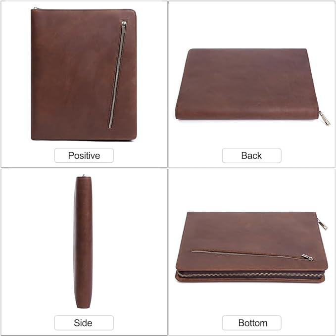 Crazy Horse Leather Portfolio Binder with 3-Zipper, 11-inch iPad Holder Padfolio, Executive Business Organizer for iPad Pro 13, Air 13, Mini, Document Case & Legal Pad Holder for Men & Women