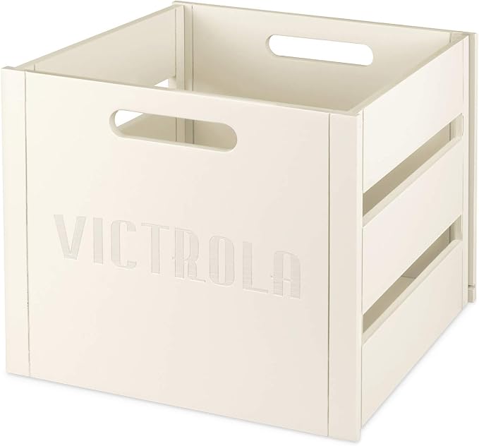 Victrola Wooden Record Crate – Tabletop Vinyl Album Holder, No-Tool Assembly, Holds Over 50 Records, Real Wood Construction, Elegant Design (White)