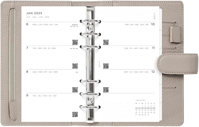 Filofax Norfolk Organizer, Personal Size, Taupe - Soft, Full-Grain Leather, Six Rings, Week-to-View Calendar Diary, Multilingual, 2025 (C022642-25)
