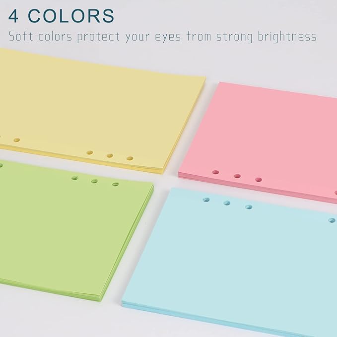 A6 Colorful Refill Paper, [5 Colors] Toplive 100GSM Thick Refillable Paper 6 Hole Filler Inserts Loose Leaf Paper 100 Sheets (200 Pages) for 6 Ring Binder Journal Notebook