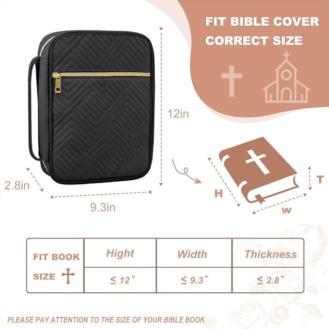 Bible Cover Case for Women, Quilted Large Handle Vegan Leather Bible Bags with Bible Study Supplies Accessories Church,Classroom,Campus,Neighborhood Association (Vintage Black,M/L)