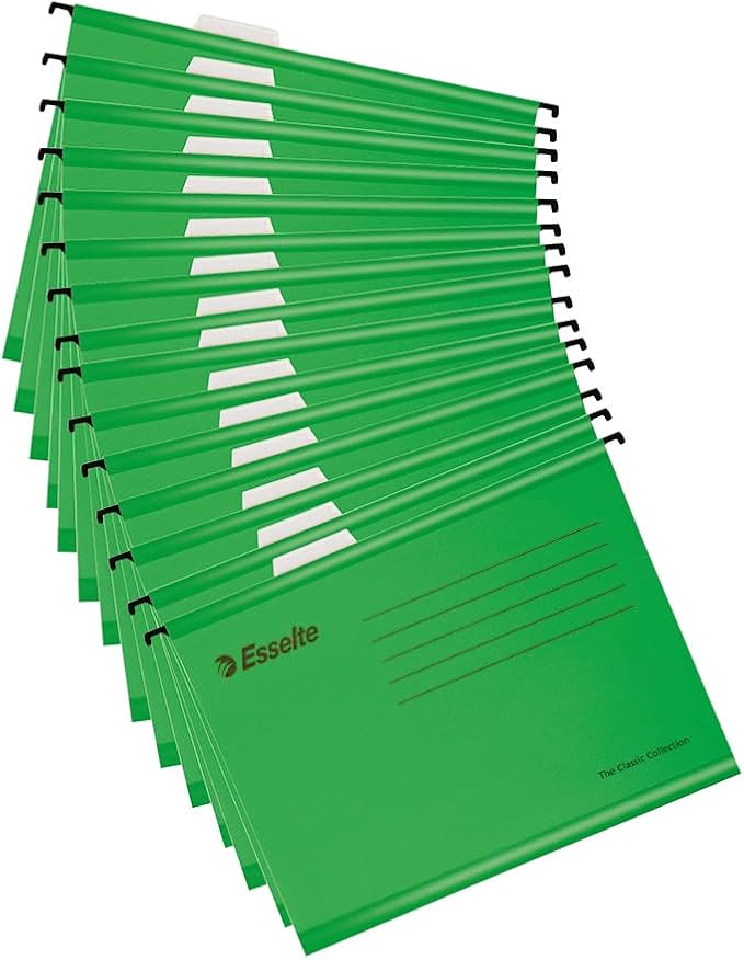 Esselte A4 Reinforced Filing Cabinet Suspension File, Pack 15, Made from Strong 100% Recycled Card, with Tabs and Card Inserts, for Home, Office, School Organisation, Green