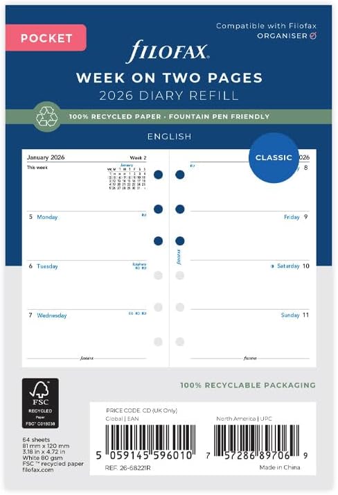 Filofax Calendar Diary Refill, Pocket Size: 4-3/4" x 3-1/4", Week-to-View, White Paper, Unruled, English, 2026 (C68221R-26)