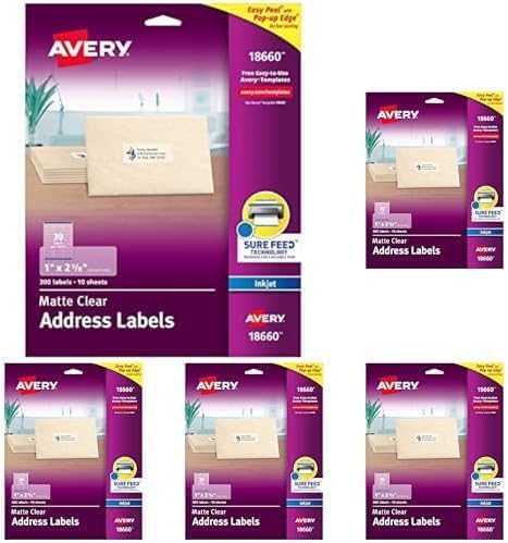 AVERY Clear Address Labels 1 x 2-5/8 inch | Matte Finish | Sure Feed Technology | For Inkjet Printers | 300 Labels, Pack of 5