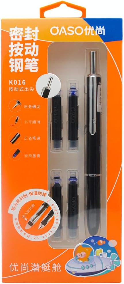 OASO K016 Retractable Fountain Pen Set 0.5mm with 4pcs Blue Ink Cartridges Smooth Writing for School Students (Deep Sea Black)