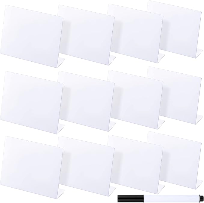 Outus 12 Pcs 4 x 3 Inches Buffet Food Labels Mini Small Chalkboard Signs White Acrylic Food Markers Little Price Signs with 2 Pcs Erasable Marker for Wedding Birthday Bakery Table Display