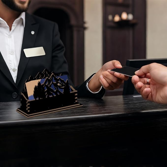 2Pcs Mountain Business Card Holder for Desk 4.5 x 1.6 x 3.5 Inch Business Card Display Stand Black Mountain Forest Wooden Decorative Organizers for Office Desktop Home Tabletop Decorations