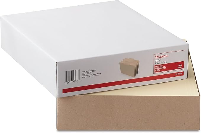 Staples File Folder, Letter Size, Manila, 1/3‑Cut Tab, Durable Paper Stock, 200/Carton