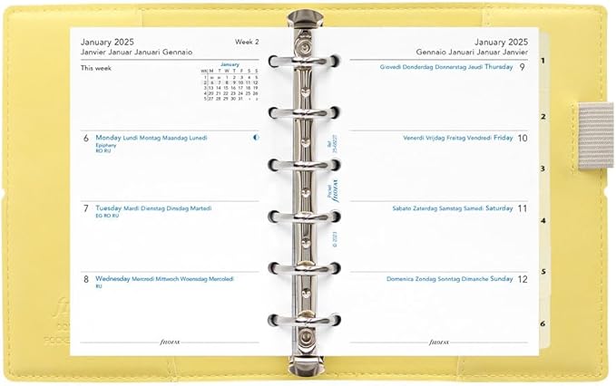 Filofax Domino Soft Organizer, Pocket Size, Lemon -Smooth, Leather-Look, Grain Effect, Tactile, Six Rings, Week-to-View Calendar Diary, Multilingual, 2025 (C022610-25)