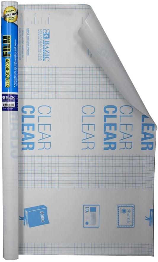 BAZIC Products Clear Self-Adhesive Book Cover Roll, 17.5 in x 5 ft, Clear Peel-and-Stick Film, for Textbooks School Books, Case of 48